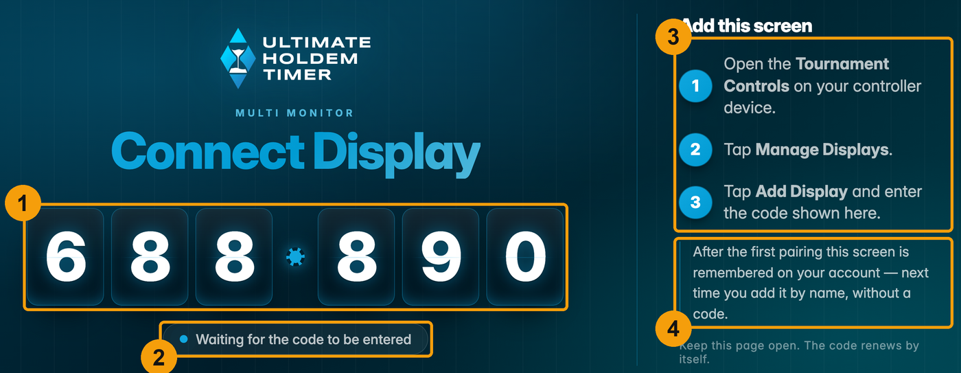 The Connect Display page on a TV: the six-digit code, a status line, and three numbered steps on the right