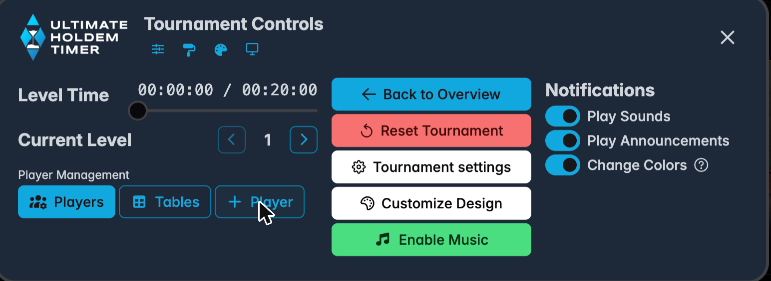 Player management with Players, Tables and Add Player buttons