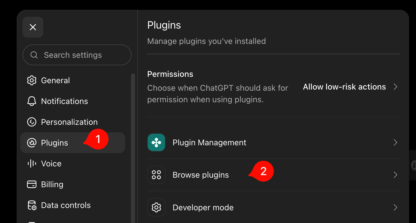 The ChatGPT settings with the Plugins section and the Browse plugins entry marked