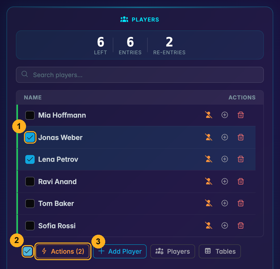 The Players card of the multi monitor controls with two players ticked and the Actions button showing