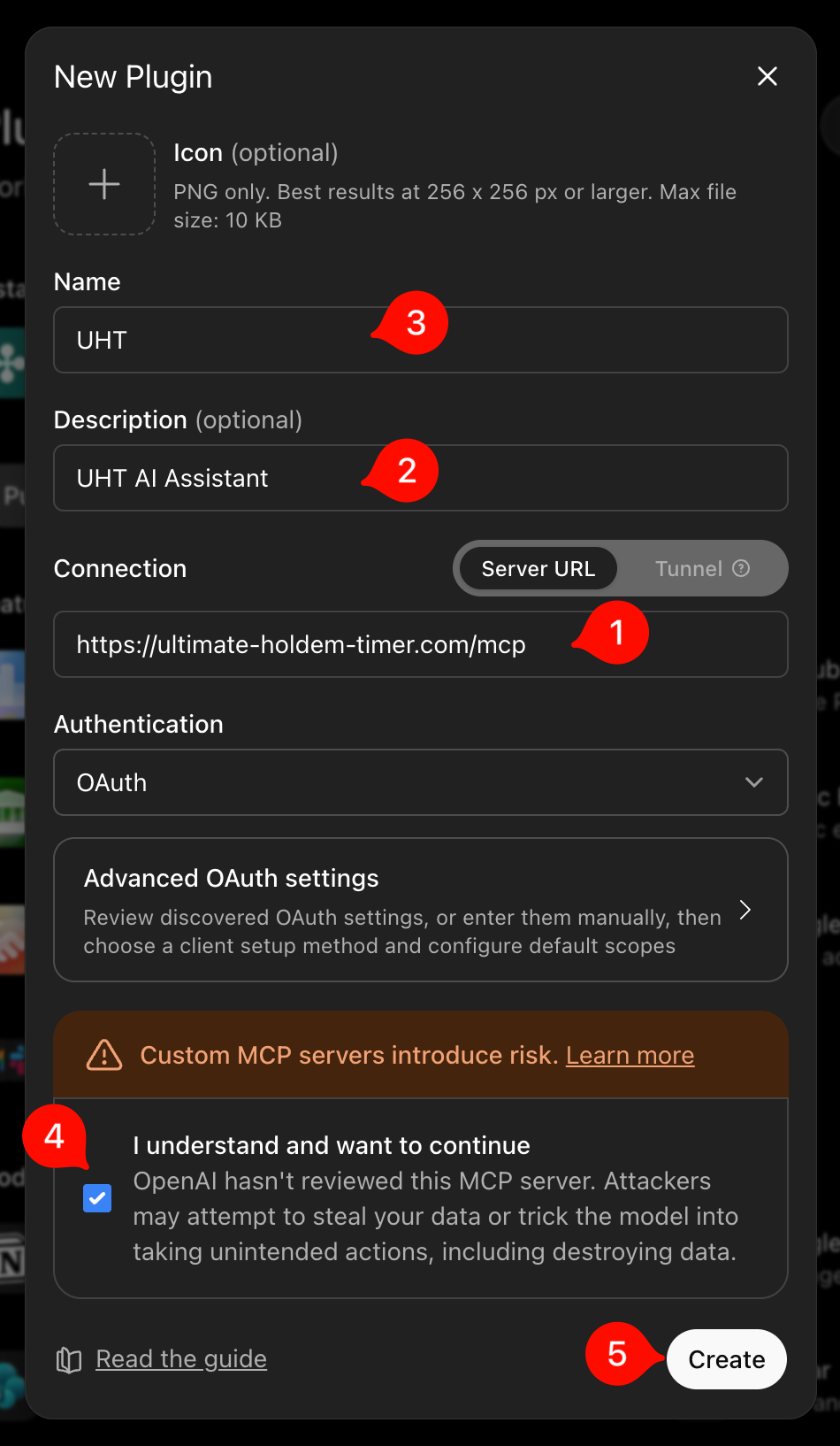 The New Plugin dialog with the server URL, description, name, confirmation checkbox and Create button marked