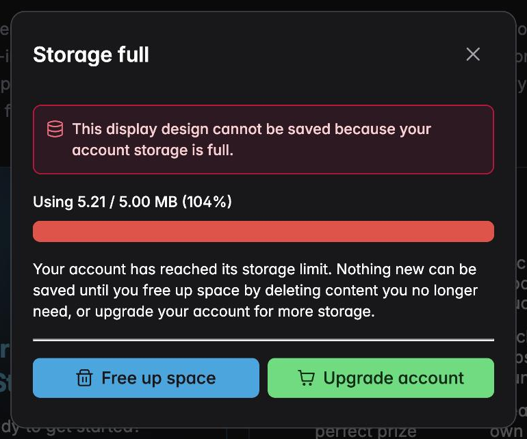 The Storage full dialog explaining a refused save, with Free up space and Upgrade account buttons