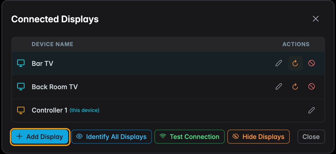 The Connected Displays dialog with the Add Display button highlighted in the bottom row