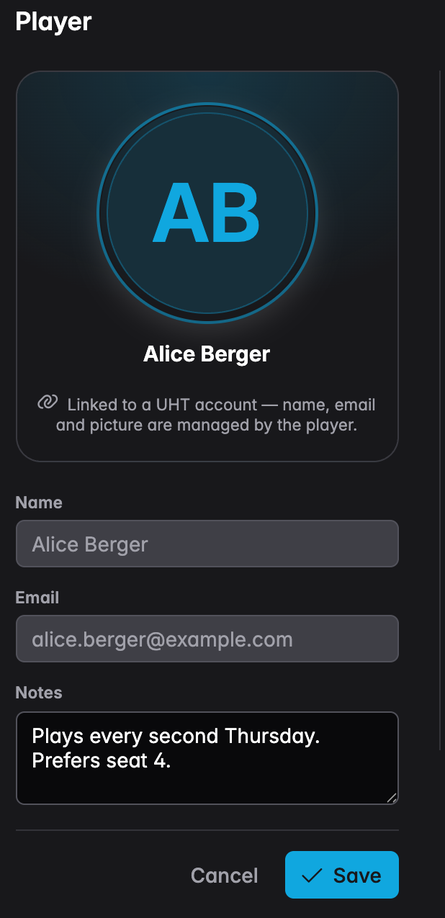 The player dialog for a linked player: name and email are read-only, notes stay editable