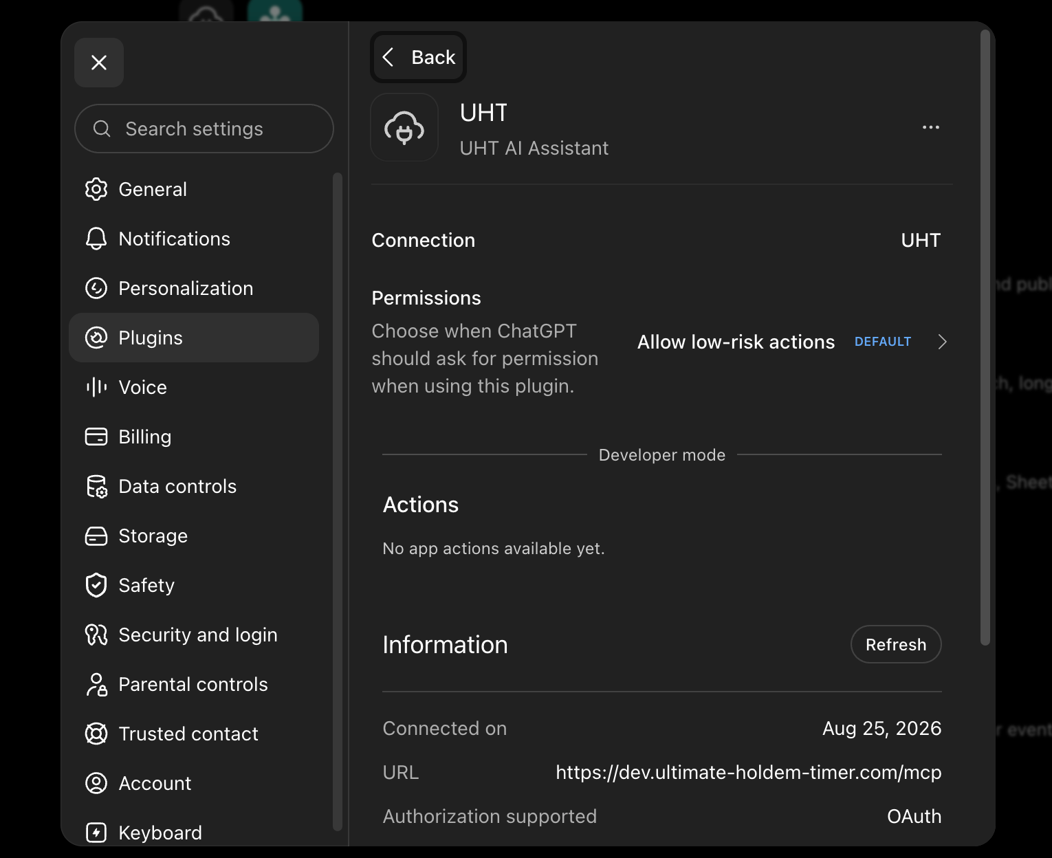 The UHT plugin's detail page in the ChatGPT settings showing the connection information