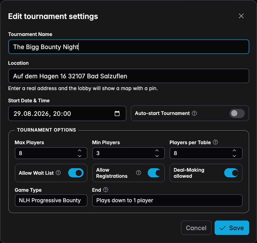 The Edit tournament settings dialog with name, location, start time and the tournament options