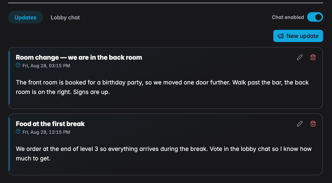 The Updates tab with two announcements and the New update button