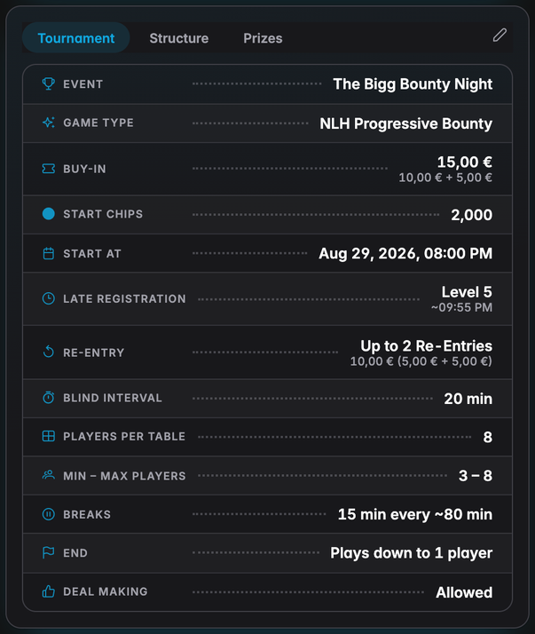 The Tournament tab listing game type, buy-in, starting stack, late registration, re-entry, blind interval and breaks